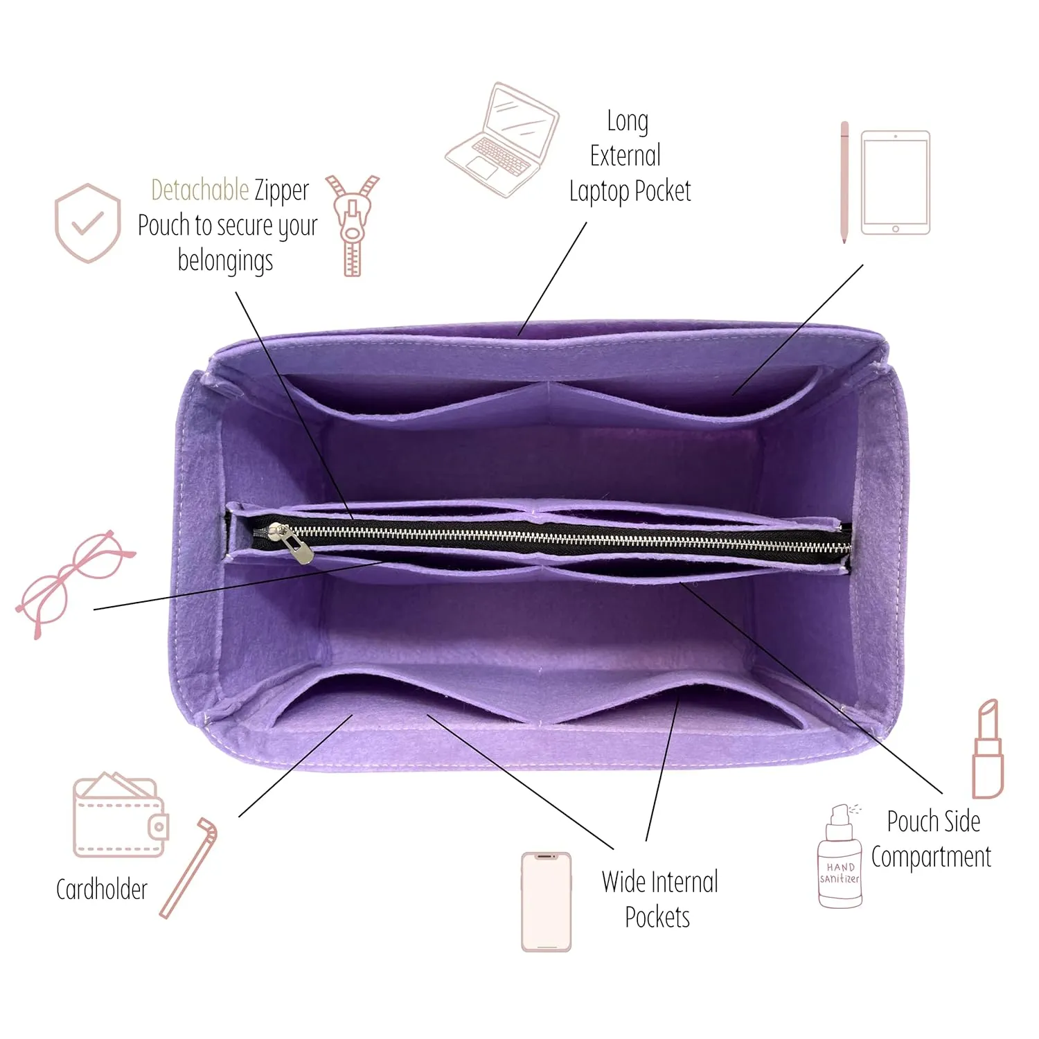 Purse Organizer for Graceful MM Organizer, Lv Graceful PM Organizer, Lv Graceful MM Purse Organizer, Handmade 2mm Premium Felt Snug Sturdy Gold Zipper (For Graceful MM, Geyser Blue)