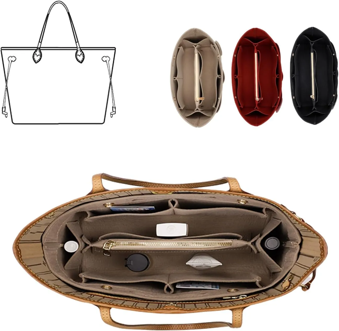 Purse Organizer Insert For Handbags, Tote Bag Organizer Insert Compatible with Neverful gracefull onthego and more (Beige, XX-Large)