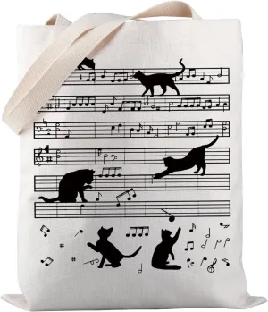 PWHAOO Music Note Tote Bag Funny Music Tote Bag Musician Gifts Music Lover Gift Cat Lover Gift