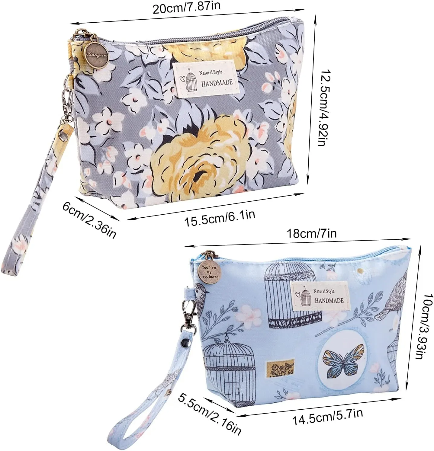 Qikuver Canvas Cosmetic Bags, 2 Pieces Cosmetic Bags for Women, Makeup bag Cute Cosmetic Bag Organizer Small Mini Makeup Pouch for Purse Toiletry Bag