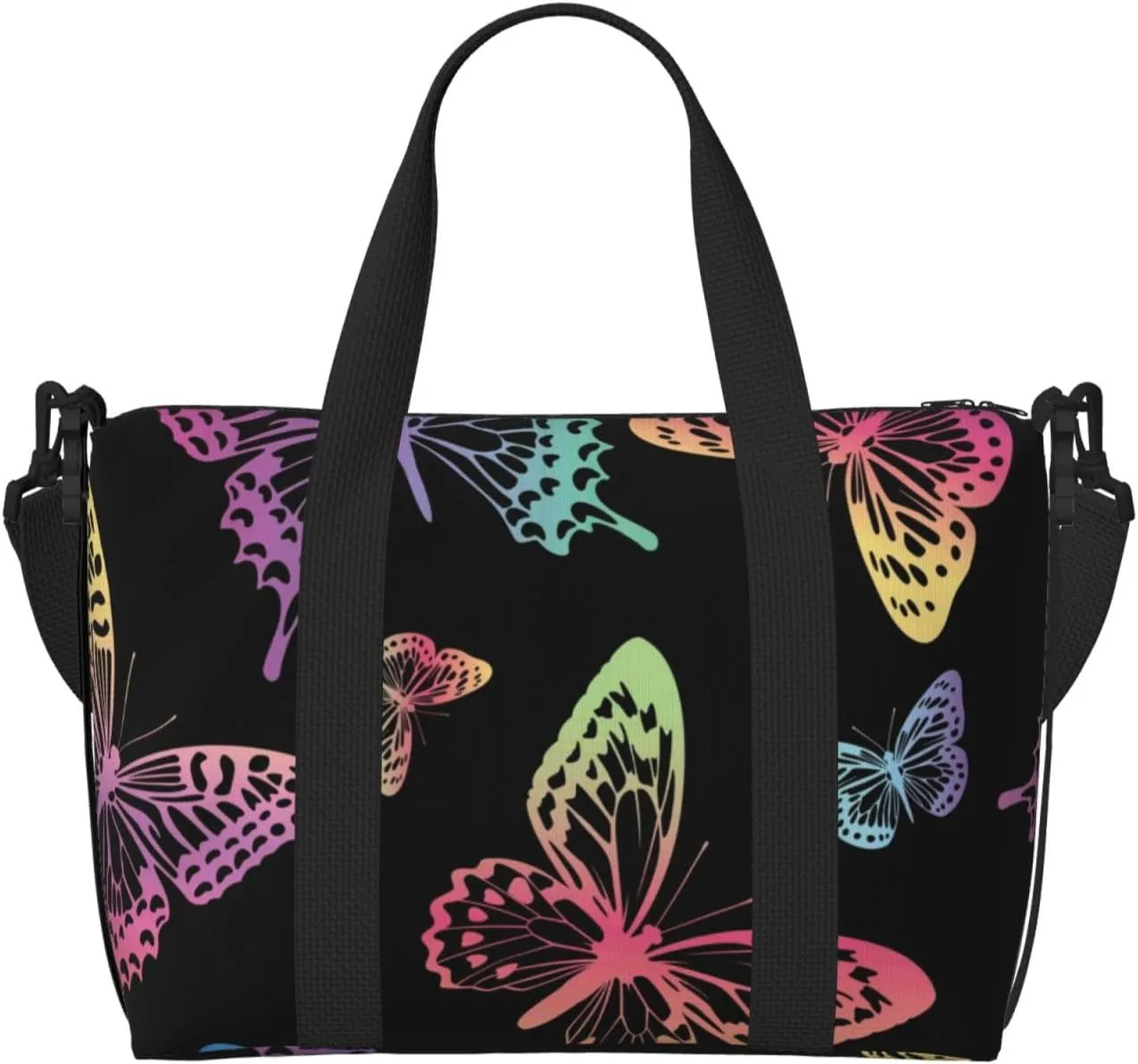 Rainbow Butterflies On A Black Background Travel Bag for Women Men Weekender Bags Carry on Overnight Bag Tote Bag Yoga Gym Bag for Gym, Work, Travel, Weekend, Personal Items