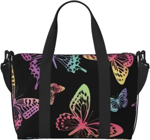 Rainbow Butterflies On A Black Background Travel Bag for Women Men Weekender Bags Carry on Overnight Bag Tote Bag Yoga Gym Bag for Gym, Work, Travel, Weekend, Personal Items