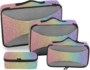 Rainbow Color Gradient Sparkling Glitter Colorful Galaxy 4 PCs Set Packing Bags, Luggage Organizer Bag, Portable Cube Toiletry bag, Durable Travel Cosmetic Storage Bag for Men Women
