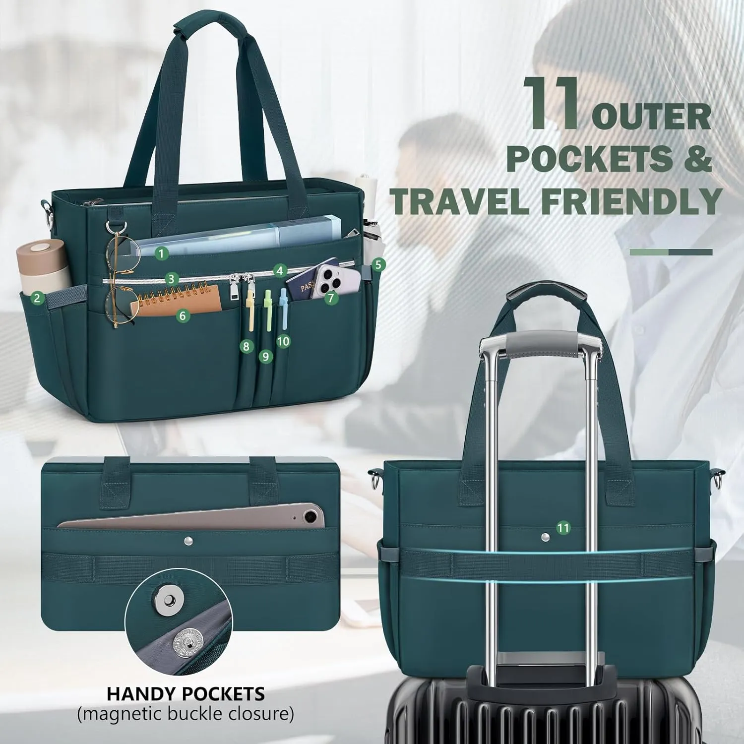 RAINSMORE Teacher Tote Bag for Women 15.6 Inch Laptop Briefcase with Clutch Bag, Nurse Bags Professional Work Handbag for Office College Nursing, Large Utility Tote Messenger Shoulder Bag, Dark Green