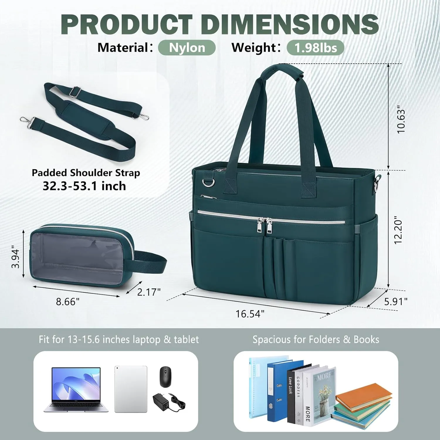 RAINSMORE Teacher Tote Bag for Women 15.6 Inch Laptop Briefcase with Clutch Bag, Nurse Bags Professional Work Handbag for Office College Nursing, Large Utility Tote Messenger Shoulder Bag, Dark Green