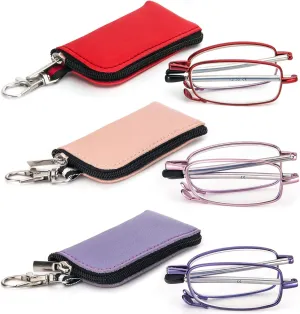 REAVEE 3 Pack Folding Reading Glasses with Keychain Compact Bags for Women Men, Blue Light Blocking Spring Hinge Portable Pocket Readers, Red Pink and Purple 1.0