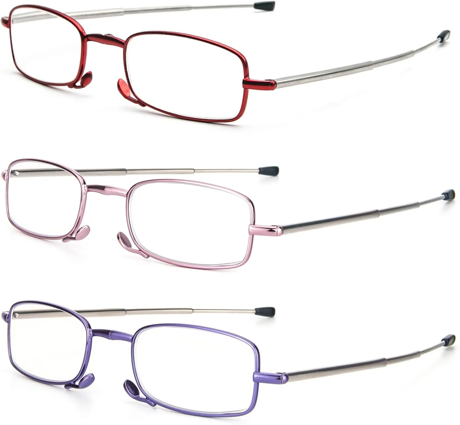 REAVEE 3 Pack Folding Reading Glasses with Keychain Compact Bags for Women Men, Blue Light Blocking Spring Hinge Portable Pocket Readers, Red Pink and Purple 1.0