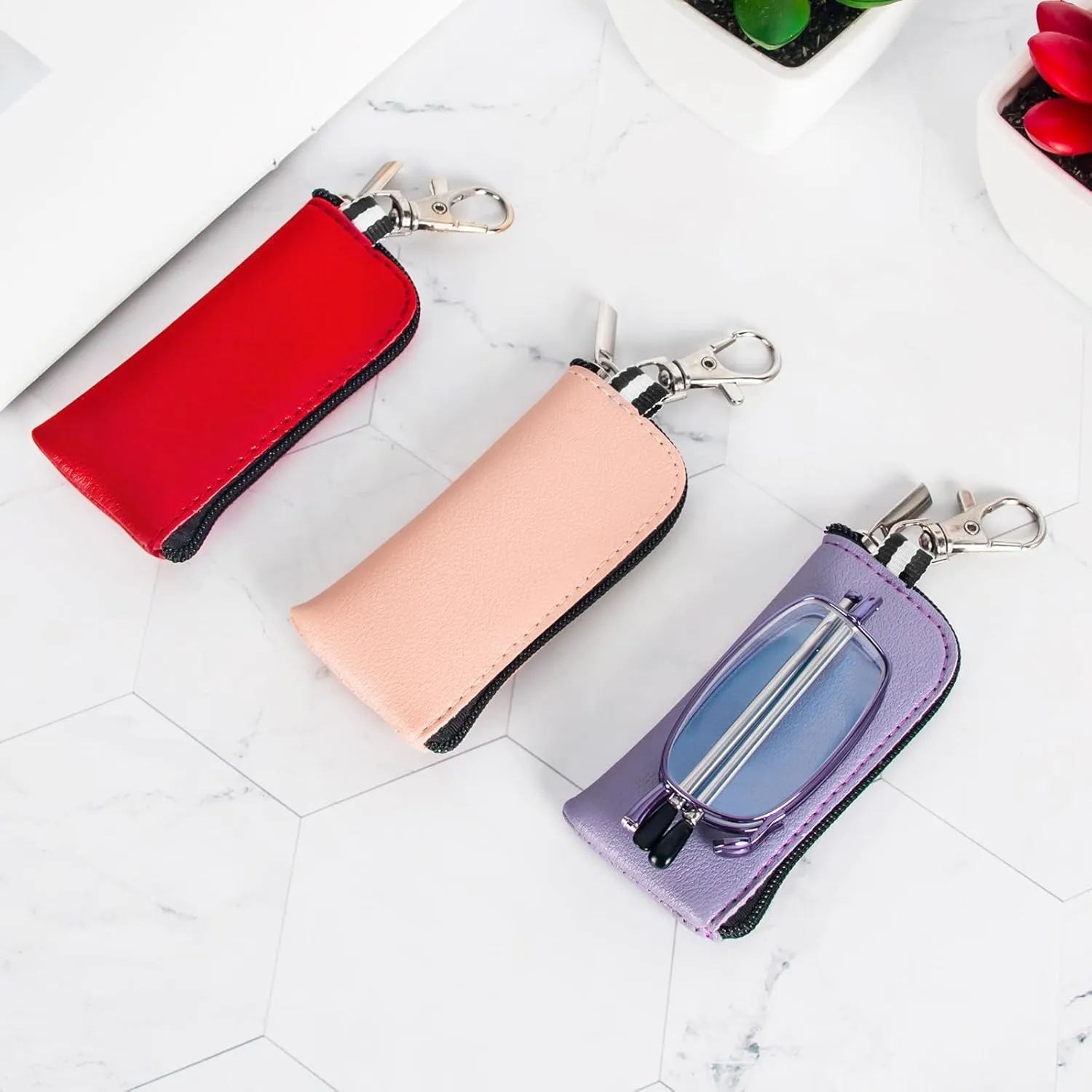 REAVEE 3 Pack Folding Reading Glasses with Keychain Compact Bags for Women Men, Blue Light Blocking Spring Hinge Portable Pocket Readers, Red Pink and Purple 1.0