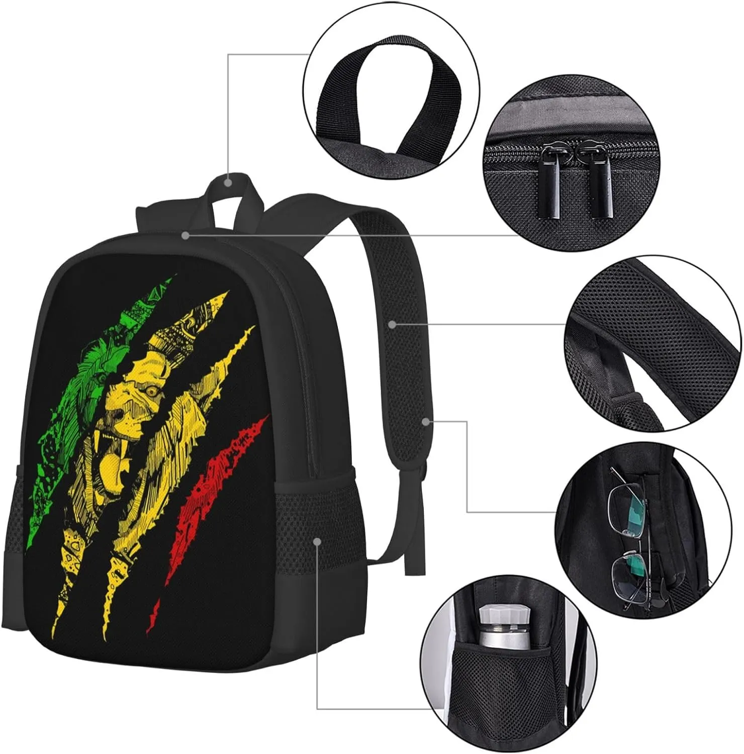 Reggae Lion Jamaica Flag Casual Backpacks Large Capacity Backpack Laptop Rucksack Sport Daypack Commuter Bags with Adjustable Strap for Traveling Camping