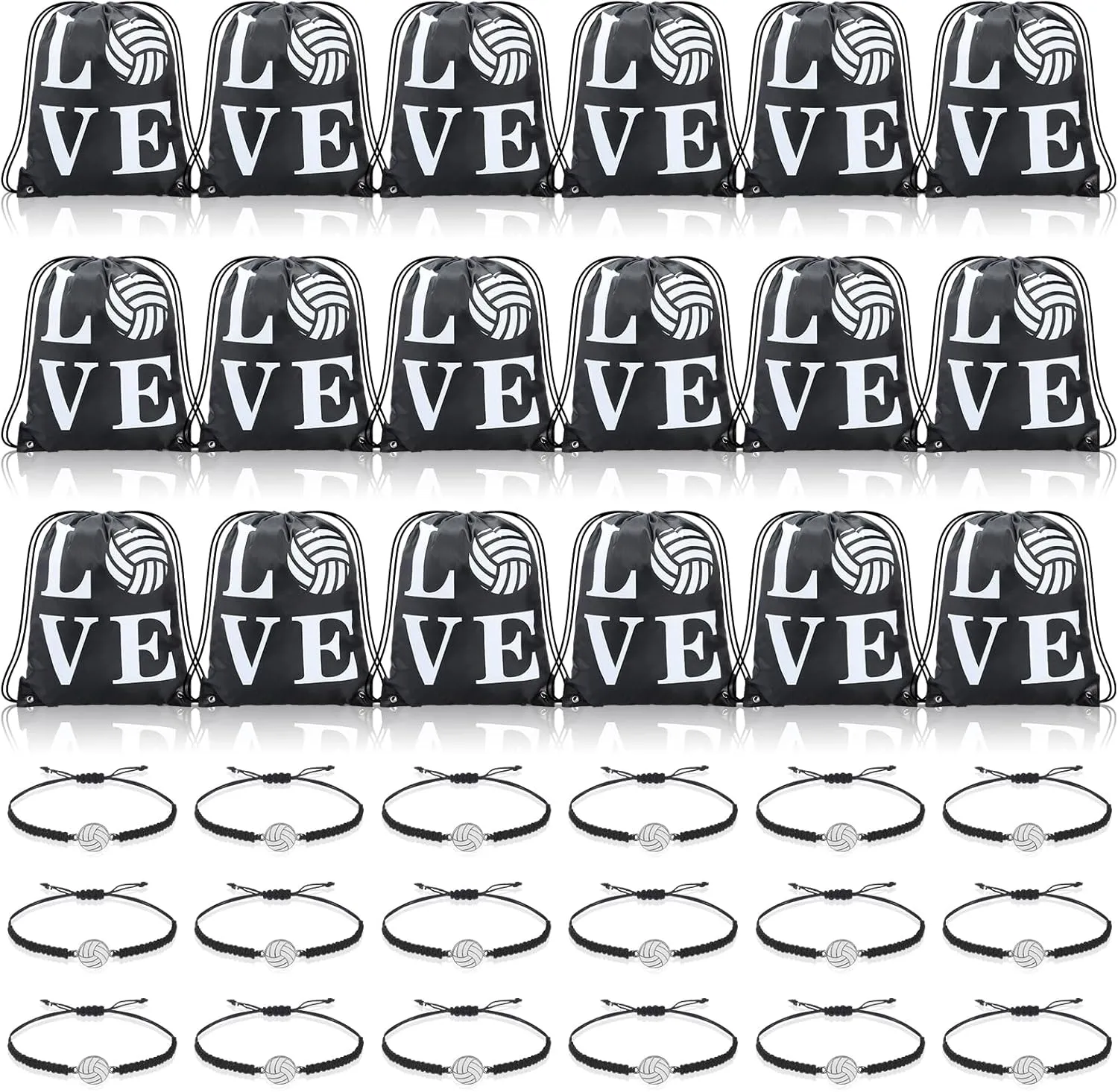 Reginary 18 Pcs Volleyball Drawstring Bag and 18 Pcs Volleyball Bracelet Bulk, Volleyball Party Favor Bags Volleyball Drawstring Backpack Adjustable Braided Volleyball Charm Bracelet for Boys Girls