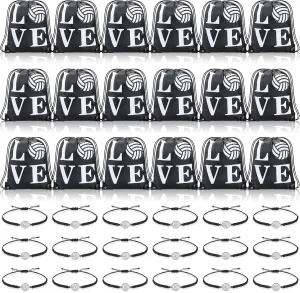 Reginary 18 Pcs Volleyball Drawstring Bag and 18 Pcs Volleyball Bracelet Bulk, Volleyball Party Favor Bags Volleyball Drawstring Backpack Adjustable Braided Volleyball Charm Bracelet for Boys Girls