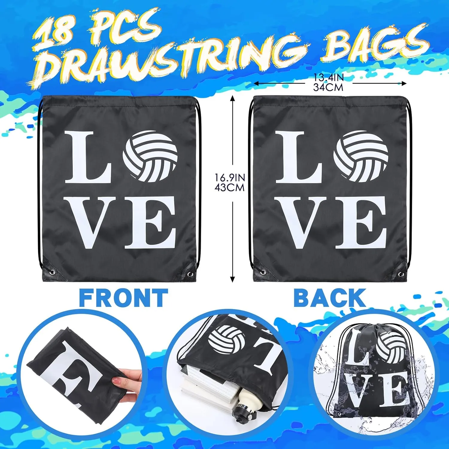 Reginary 18 Pcs Volleyball Drawstring Bag and 18 Pcs Volleyball Bracelet Bulk, Volleyball Party Favor Bags Volleyball Drawstring Backpack Adjustable Braided Volleyball Charm Bracelet for Boys Girls