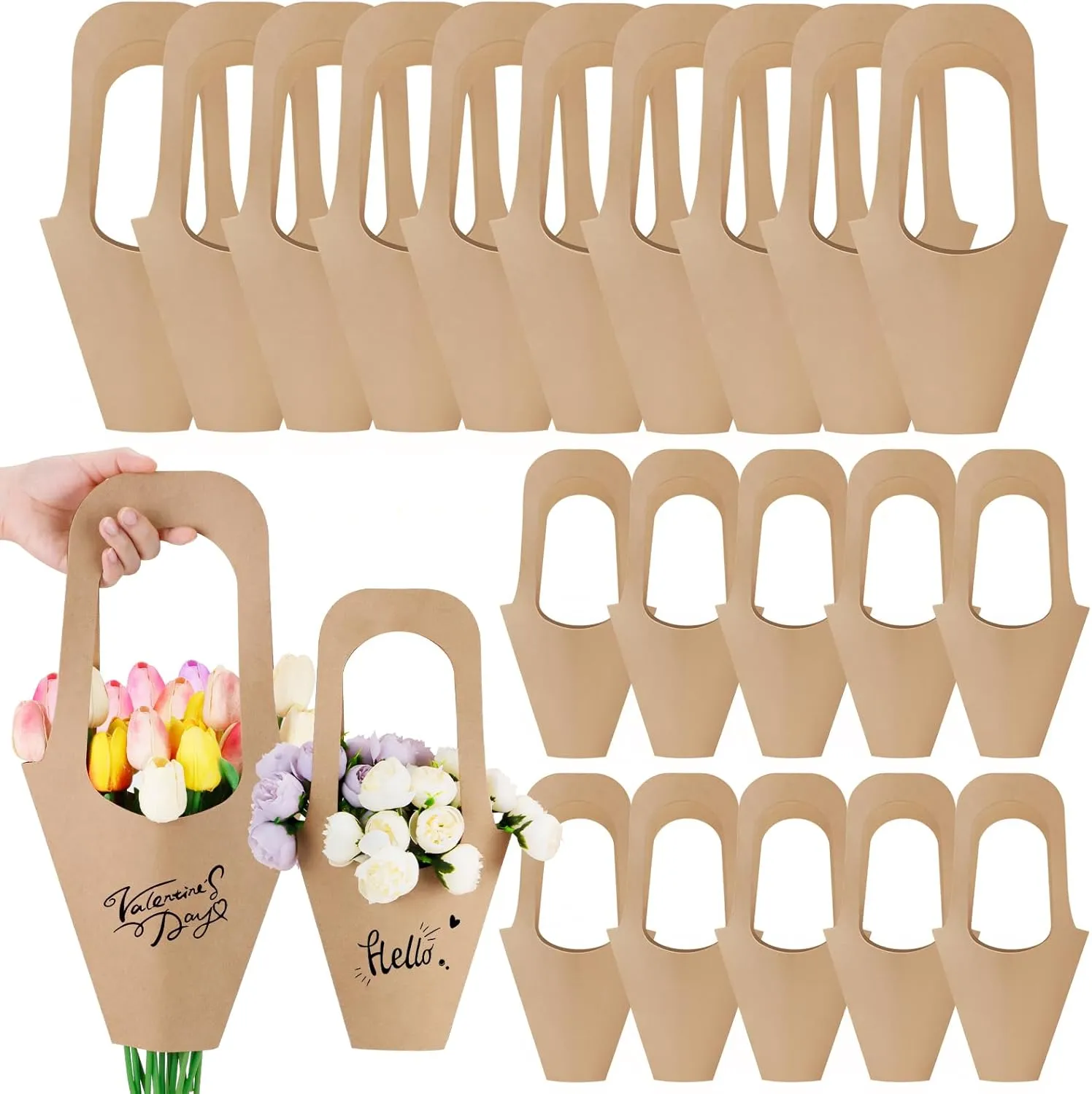 RETON 20 Pcs Kraft Paper Flower Gift Bags - Brown Cone Flower Sleeves for Bouquets, Home Florist Wedding Decor (2 Sizes)