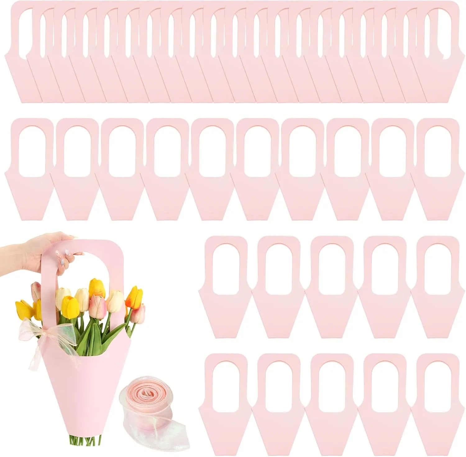 RETON 40 Pcs Pink Kraft Paper Flower Gift Bags Bouquet Bags with Handle, Flower Bags for Bouquets with 10 Yard Sparkling Ribbon, Creative Cone Flower Wrapping Paper Bags for Home Florist Wedding