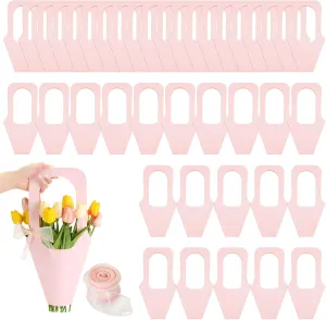 RETON 40 Pcs Pink Kraft Paper Flower Gift Bags Bouquet Bags with Handle, Flower Bags for Bouquets with 10 Yard Sparkling Ribbon, Creative Cone Flower Wrapping Paper Bags for Home Florist Wedding