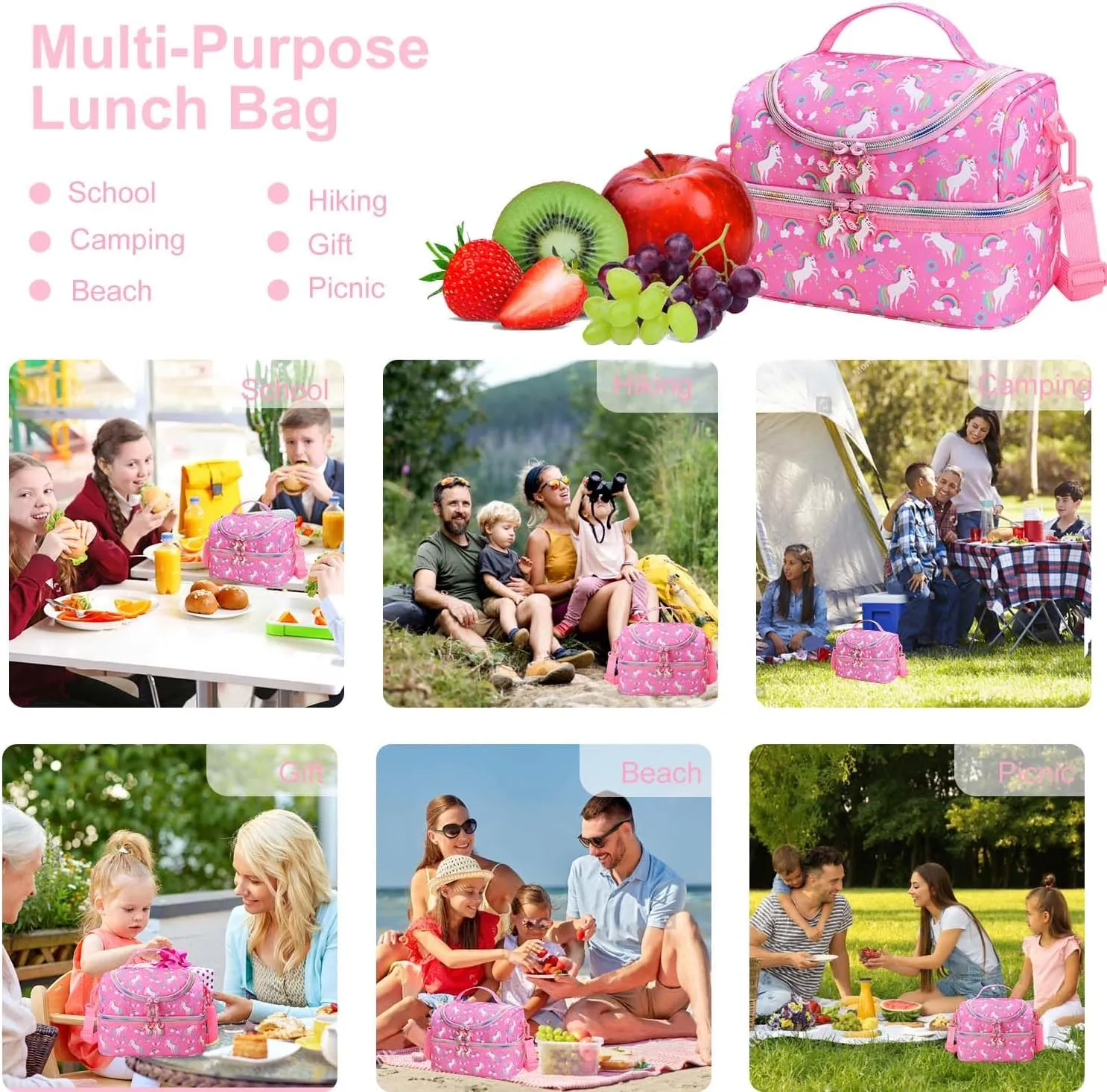 RHCPFOVR Kids Lunch Bag - Double Decker Cooler Insulated Lunch Box for Boys Girls,Washable Lunch Bag and Reusable Toddler Lunchbox for School and Daycare