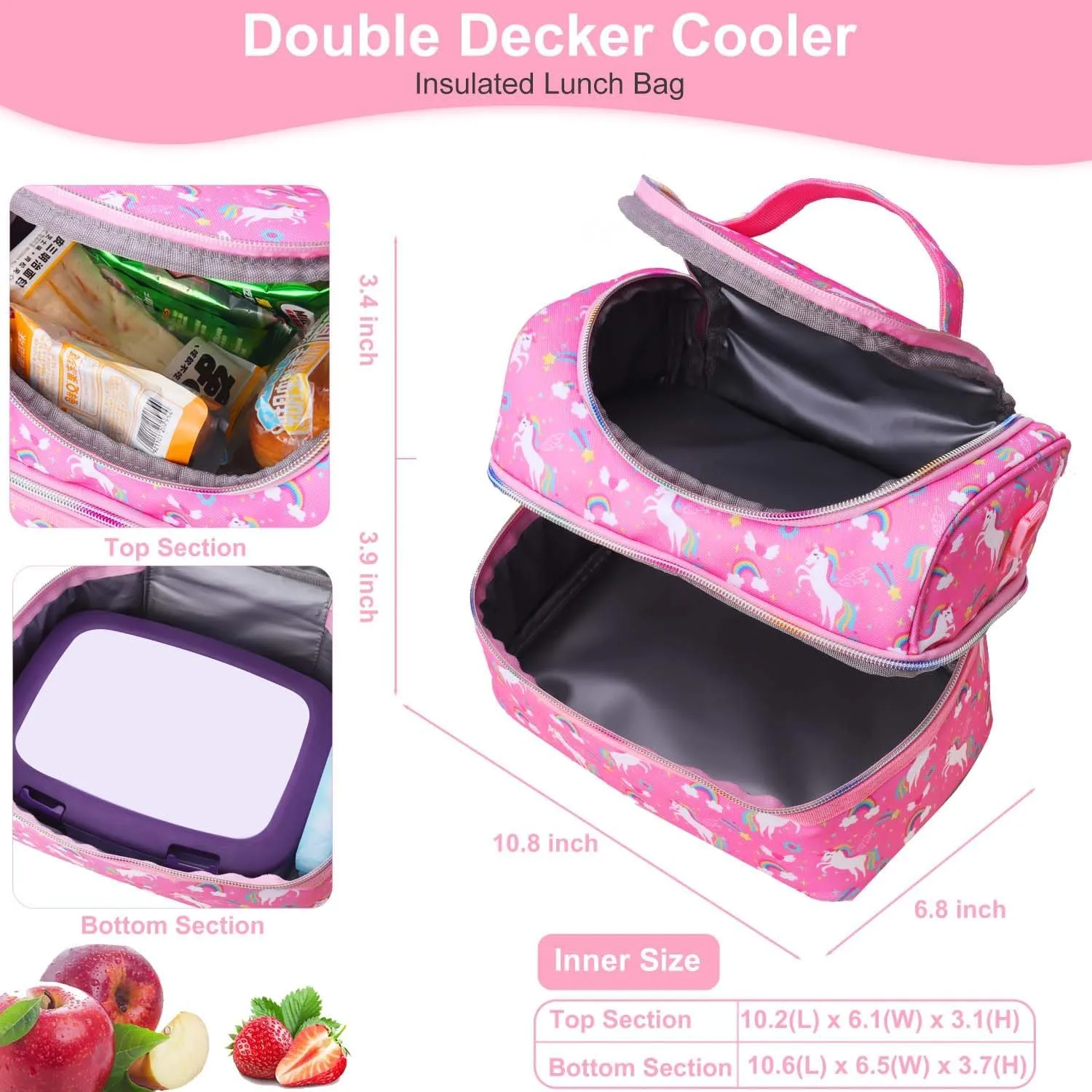 RHCPFOVR Kids Lunch Bag - Double Decker Cooler Insulated Lunch Box for Boys Girls,Washable Lunch Bag and Reusable Toddler Lunchbox for School and Daycare