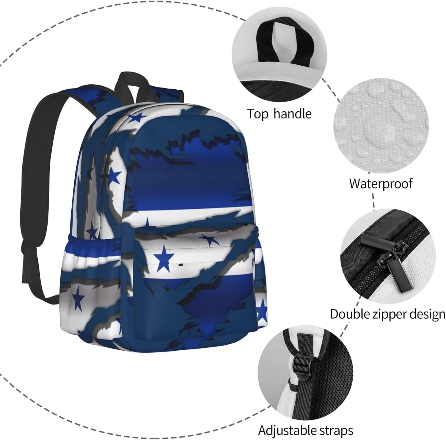 Ripped Honduras Flag Backpack Large Capacity Backpack Lightweight Double Shoulder Bag For Women Men Travel