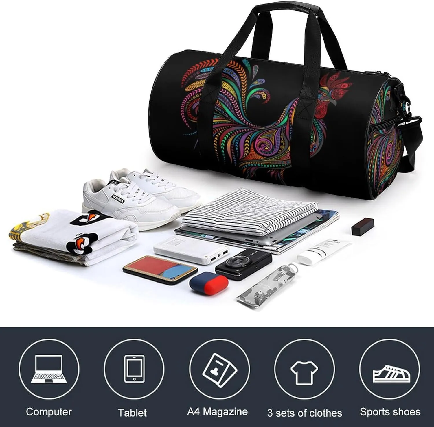 Roosters Duffelbag Zipper Tote Bag Cylindrical Duffelbags Picnic Bags Gym Satchel Durable Handbag Sports Duffel Bags 17.7in/9in/9in