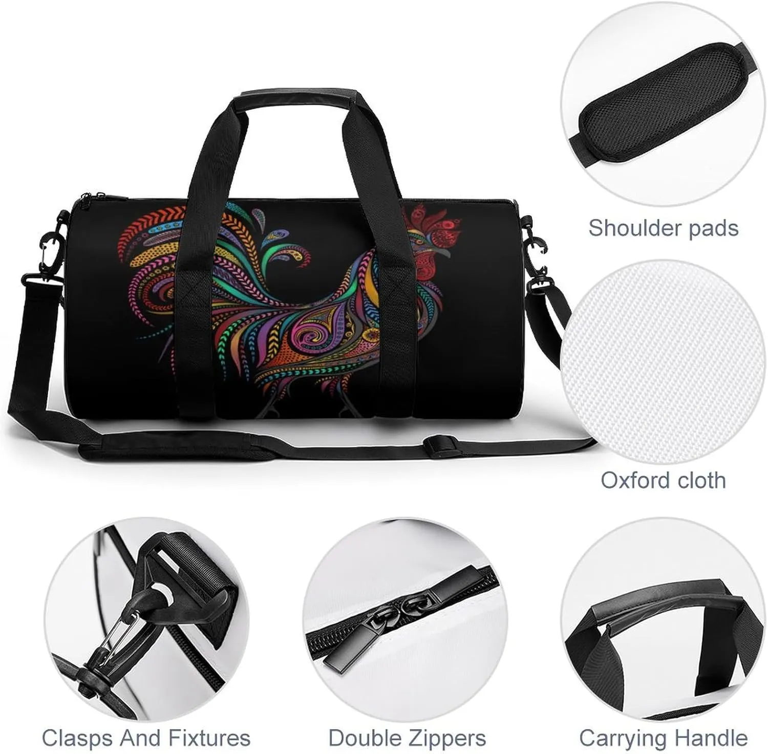 Roosters Duffelbag Zipper Tote Bag Cylindrical Duffelbags Picnic Bags Gym Satchel Durable Handbag Sports Duffel Bags 17.7in/9in/9in