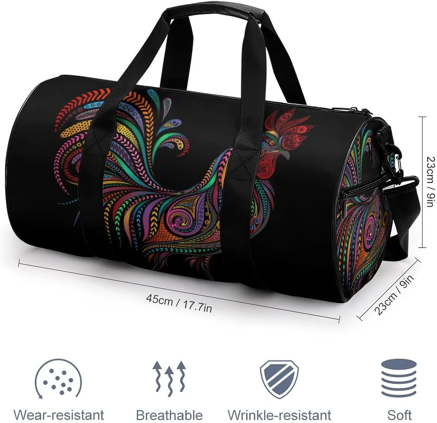 Roosters Duffelbag Zipper Tote Bag Cylindrical Duffelbags Picnic Bags Gym Satchel Durable Handbag Sports Duffel Bags 17.7in/9in/9in