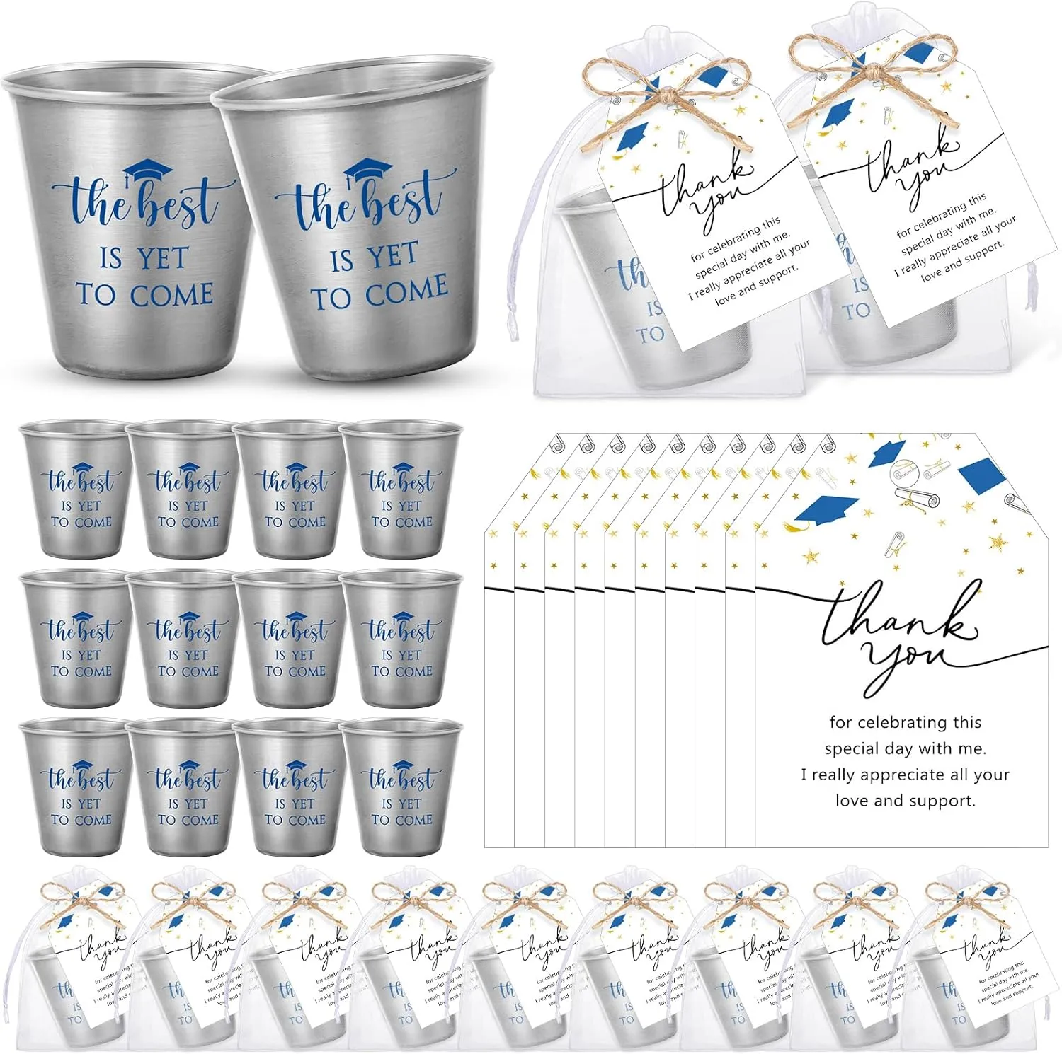 Roshtia 50 Set Graduation Party Favors Inspirational Stainless Steel Shot Glasses with Thank You Cards Organza Bags, Class of 2025 Graduation Gifts Bulk for Guests High School College Seniors(Blue)