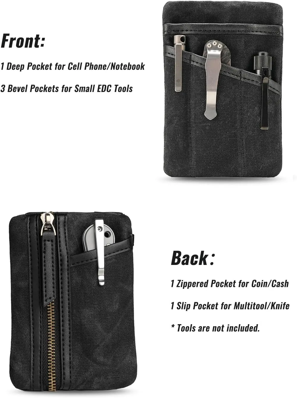 Sayram SP6 EDC Pouch, Waxed Canvas Compact Pocket Organizer, EDC Pocket Pouch for Men, Zippered Pocket Pouch, Mini EDC Organizer for Everyday Carry, Multitool Organizer Pouch (Oil Wax Black)