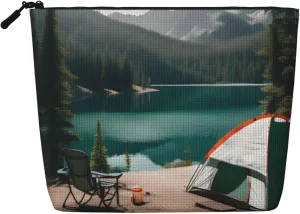 Serenity Lake Camping Print Cute Waterproof Makeup Bag For Women Zipper Travel Toiletry Pouch
