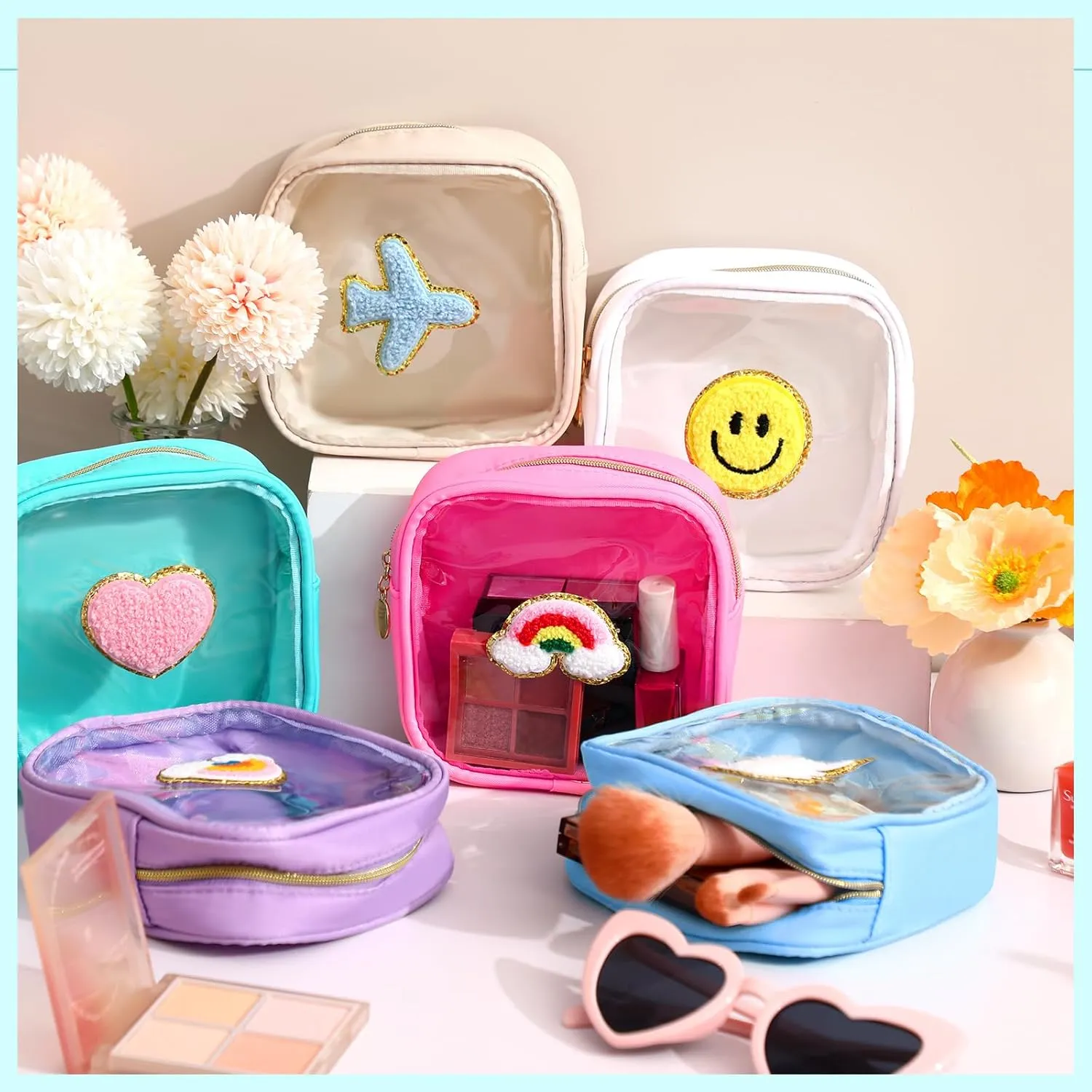 Silkfly 6 Pcs Preppy Patch Makeup Bag Mini Clear Chenille Letter Pouch Cute Cosmetic Bag with Zipper Small Transparent Toiletry Bags for Travel Women, 4.7 x 5.12 Inches(Macaron Colors,Style 1)