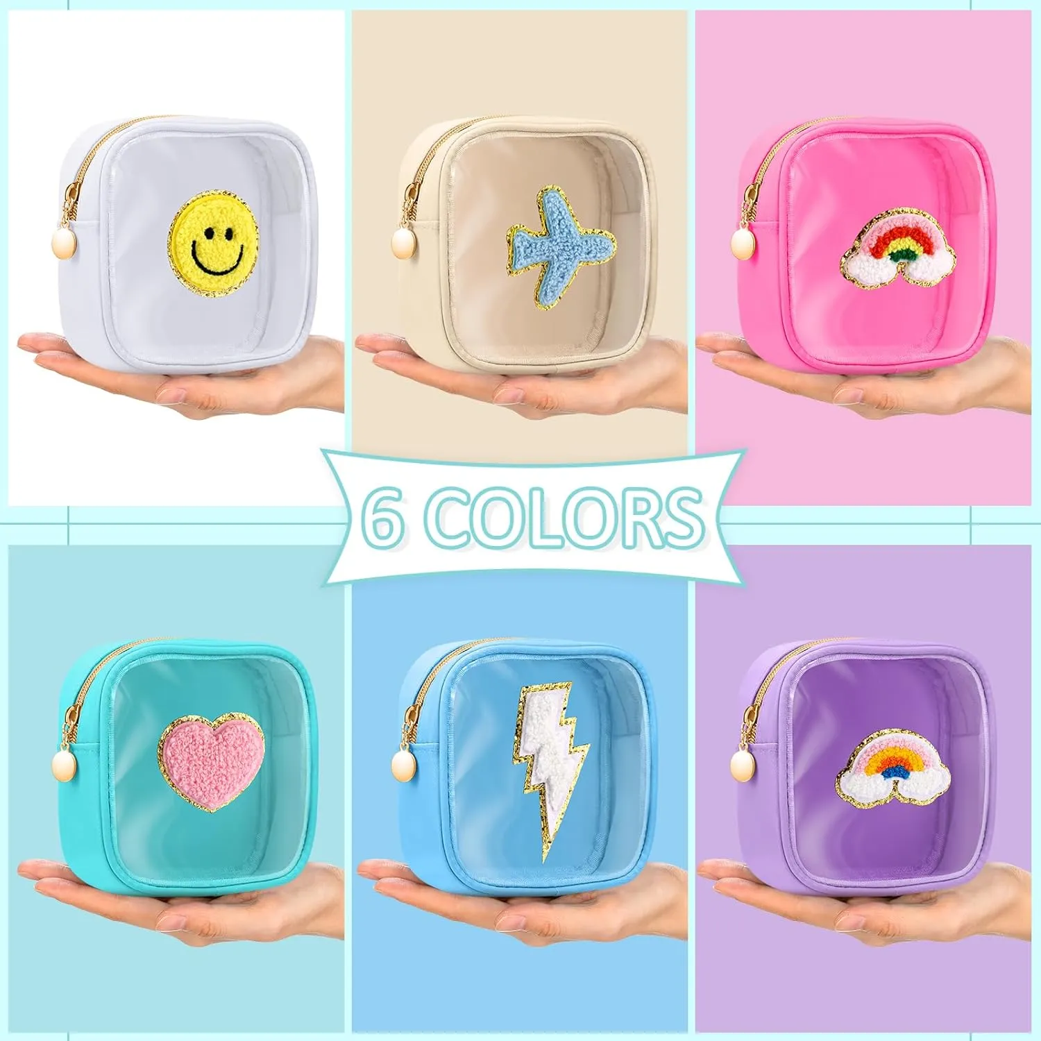 Silkfly 6 Pcs Preppy Patch Makeup Bag Mini Clear Chenille Letter Pouch Cute Cosmetic Bag with Zipper Small Transparent Toiletry Bags for Travel Women, 4.7 x 5.12 Inches(Macaron Colors,Style 1)
