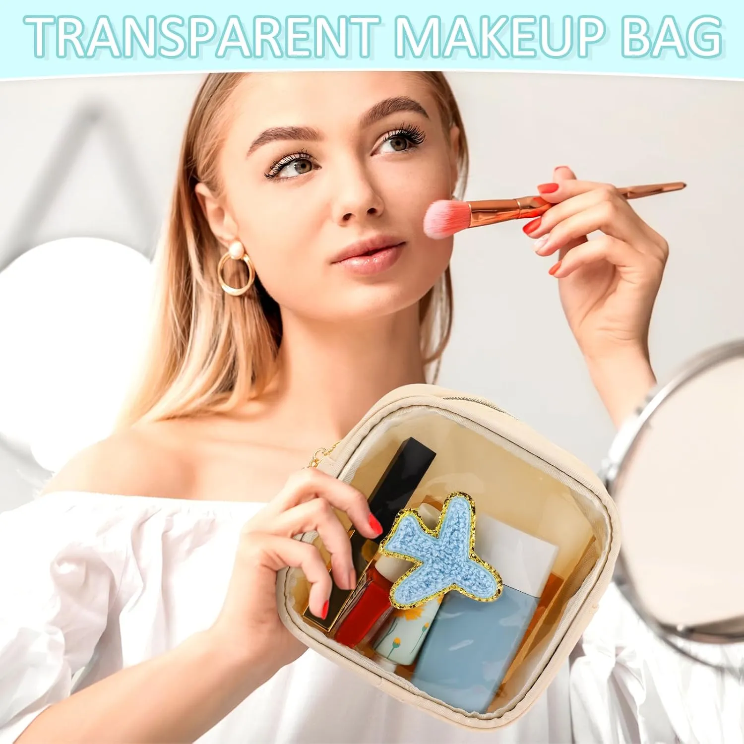 Silkfly 6 Pcs Preppy Patch Makeup Bag Mini Clear Chenille Letter Pouch Cute Cosmetic Bag with Zipper Small Transparent Toiletry Bags for Travel Women, 4.7 x 5.12 Inches(Macaron Colors,Style 1)