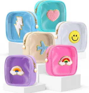 Silkfly 6 Pcs Preppy Patch Makeup Bag Mini Clear Chenille Letter Pouch Cute Cosmetic Bag with Zipper Small Transparent Toiletry Bags for Travel Women, 4.7 x 5.12 Inches(Macaron Colors,Style 1)