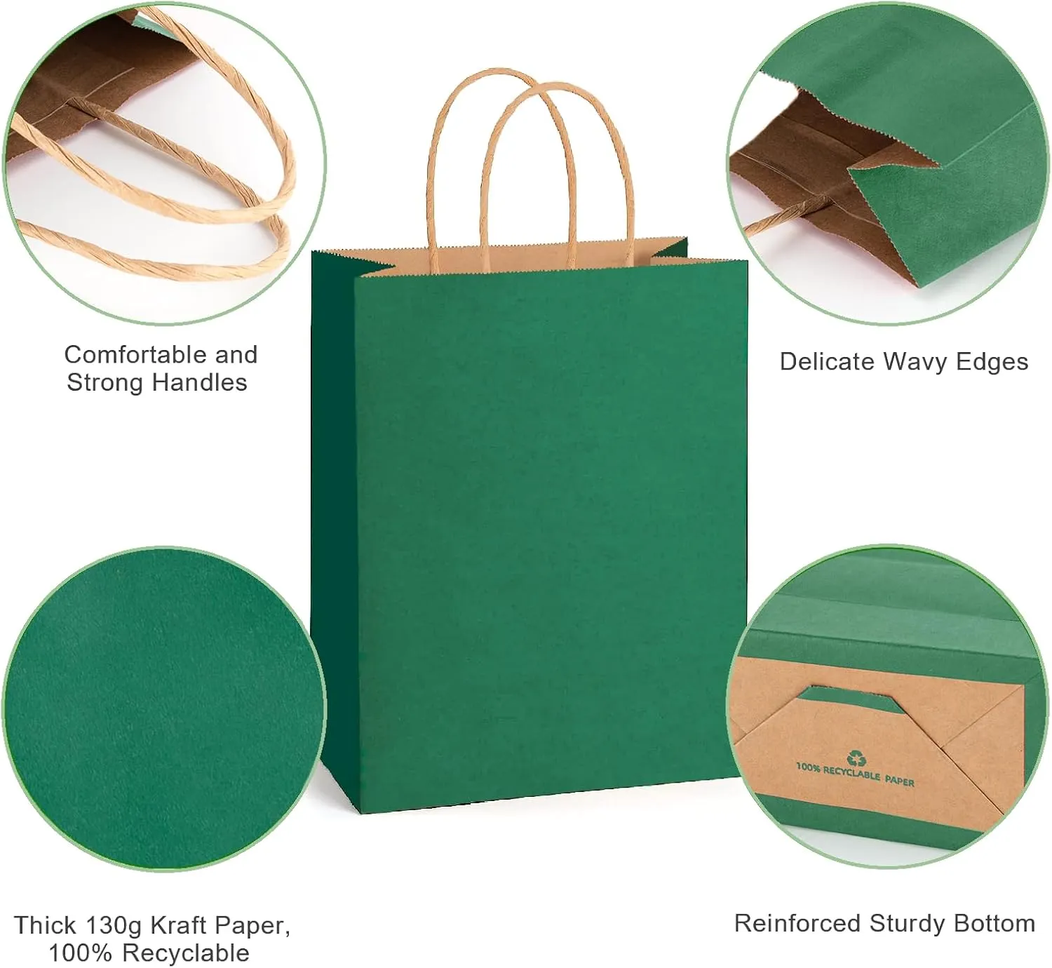 SIMPLECOOL 25pcs Medium Paper Gift Bags with Handles 8.2x4.3x10.6 in. Favor Bags Goodie Bag Bulk for Party, Birthday, Wedding, Merchandise, Retail Business, Arts, DIY Crafts - Green