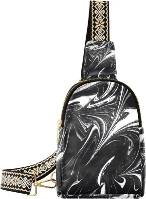 Sling Bag for Women Black Ink Fluid Marble Crossbody Backpack Purse Small Cross Body Bags Travel Shoulder Bags Chest Bag Casual Daypack
