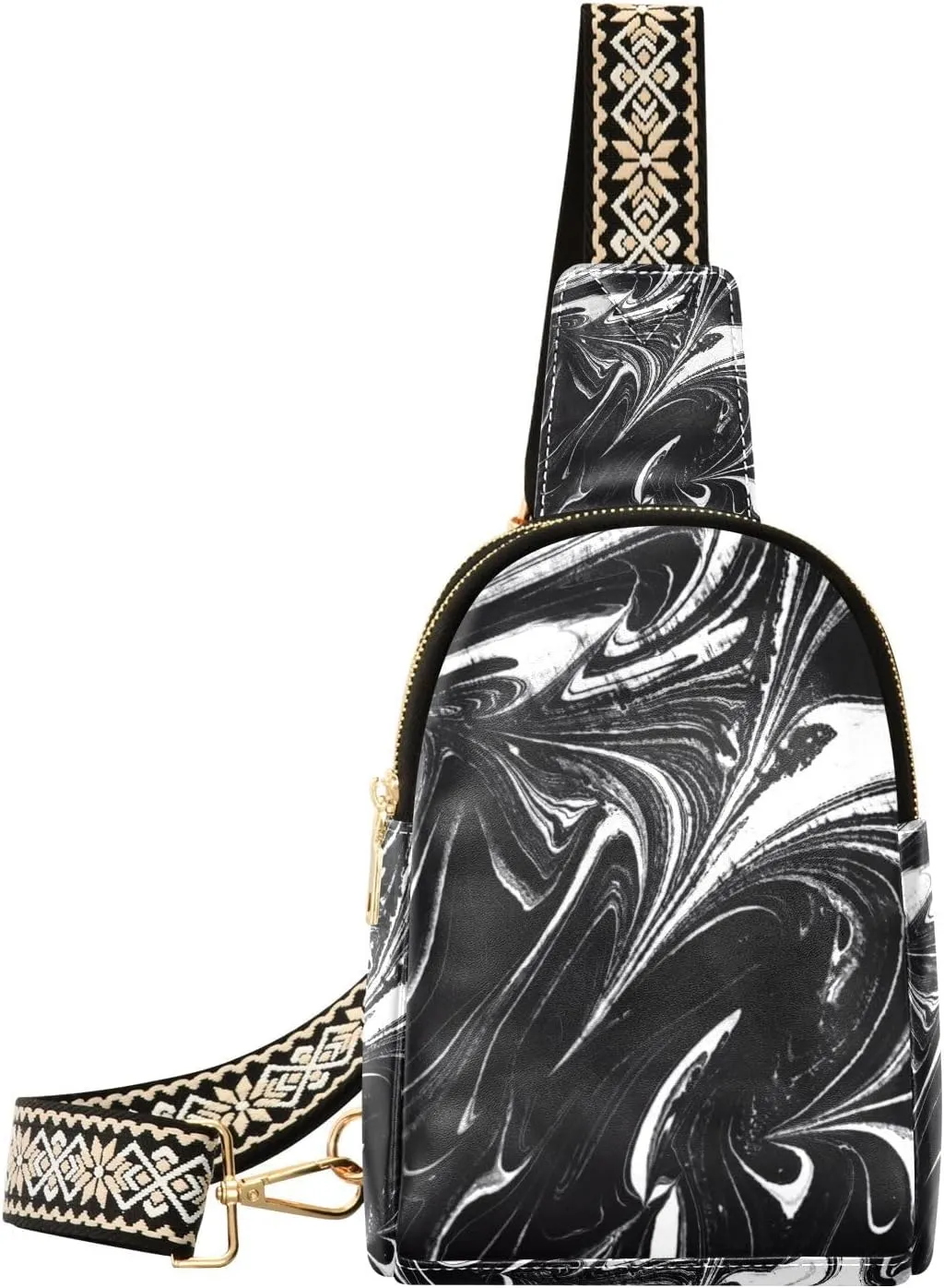 Sling Bag for Women Black Ink Fluid Marble Crossbody Backpack Purse Small Cross Body Bags Travel Shoulder Bags Chest Bag Casual Daypack