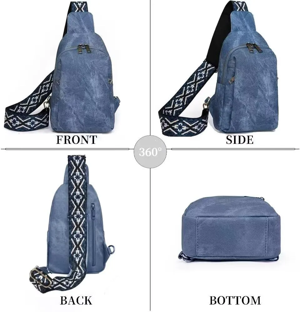 Sling Bag for Women Crossbody Purse Vegan Leather Crossbody Bags Fanny Pack Purse Backpack Over Shoulder Bag with Adjustable Guitar Strap for Travel, Blue