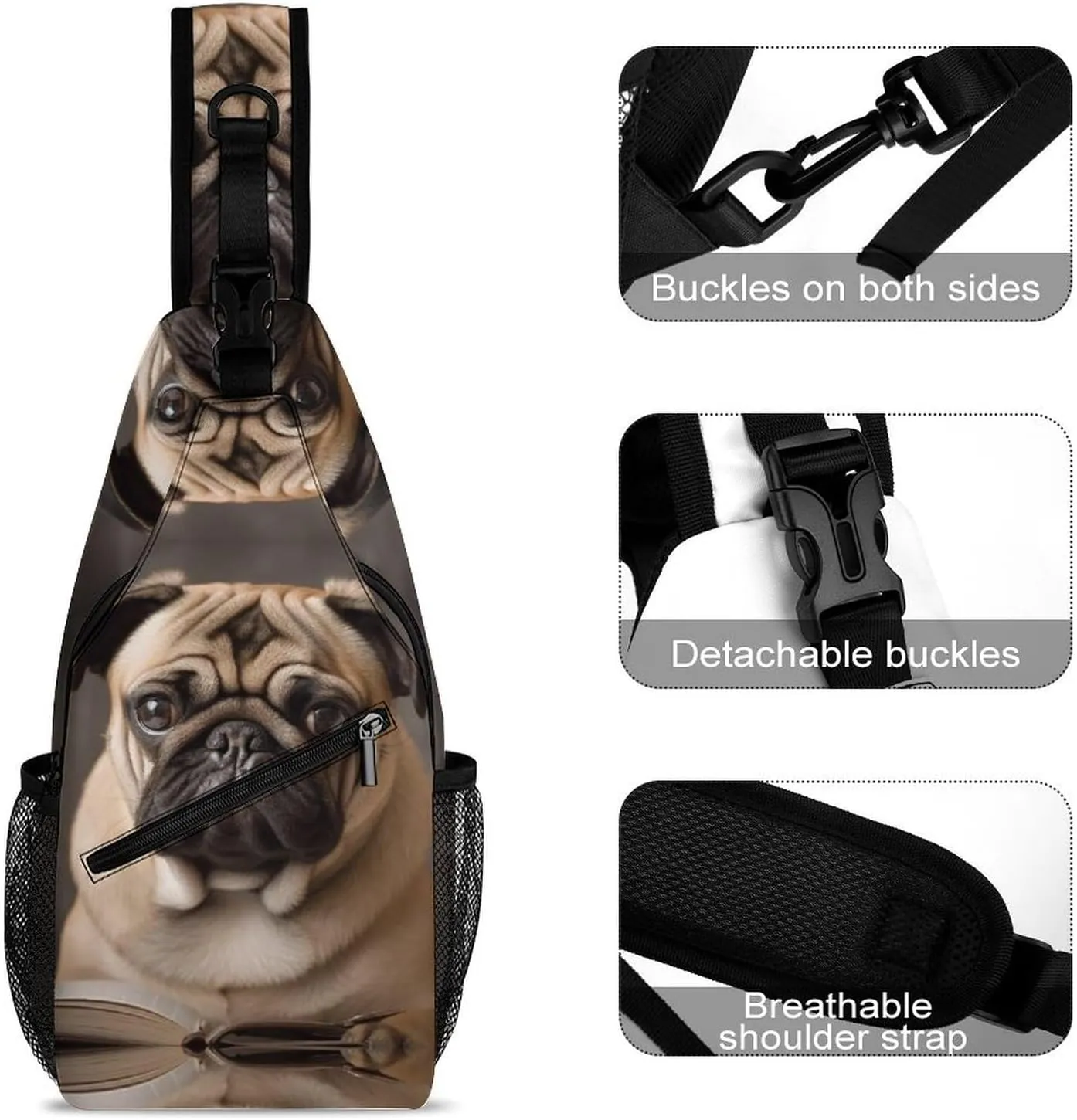 Sling Bag for Women Men Animal Pug Dog Travel Hiking Backpack Crossbody Shoulder Chest Bags Casual Daypack