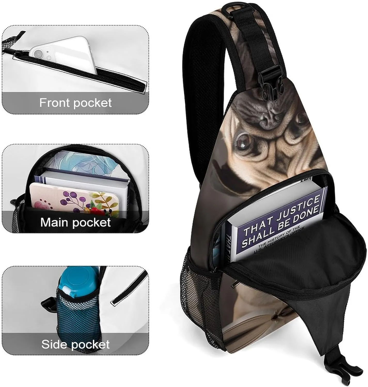 Sling Bag for Women Men Animal Pug Dog Travel Hiking Backpack Crossbody Shoulder Chest Bags Casual Daypack