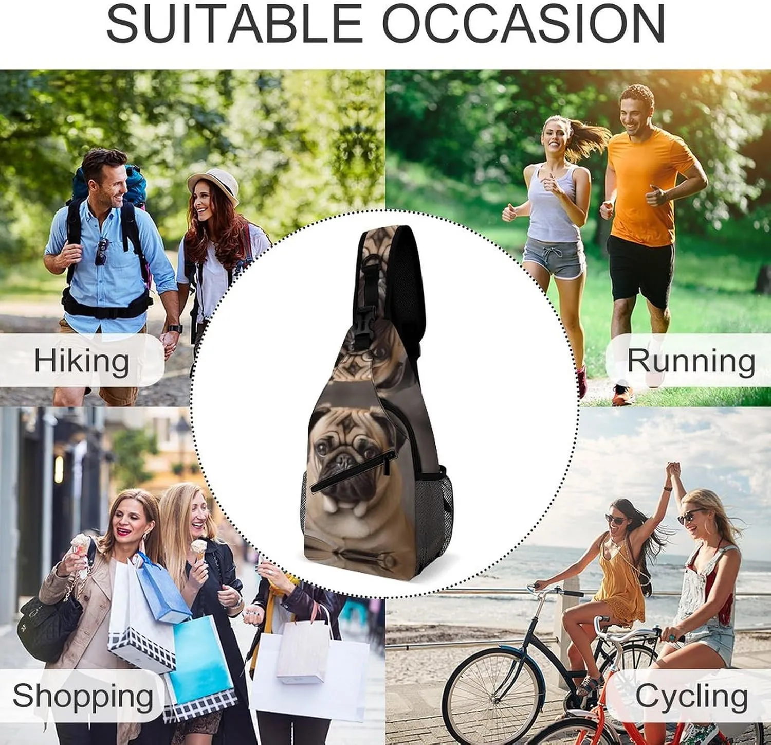 Sling Bag for Women Men Animal Pug Dog Travel Hiking Backpack Crossbody Shoulder Chest Bags Casual Daypack