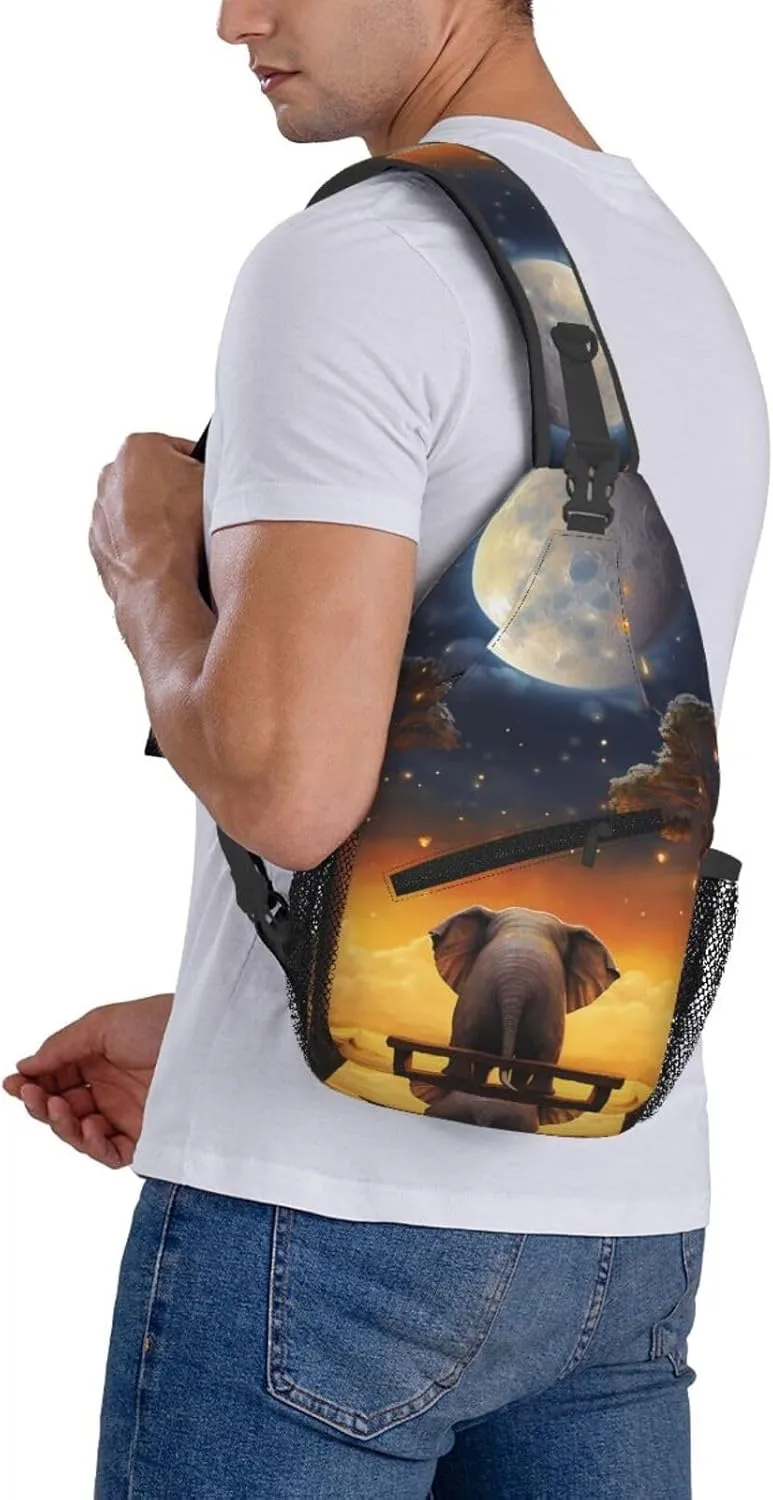 Sling Bag for Women Men Crossbody Bag Sling Backpack Animal Elephant Owl Tree Moon Star Cross Body Bag Adjustable Chest Bag