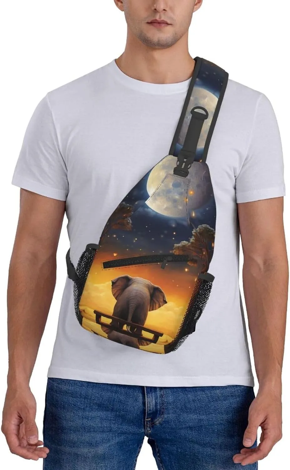 Sling Bag for Women Men Crossbody Bag Sling Backpack Animal Elephant Owl Tree Moon Star Cross Body Bag Adjustable Chest Bag