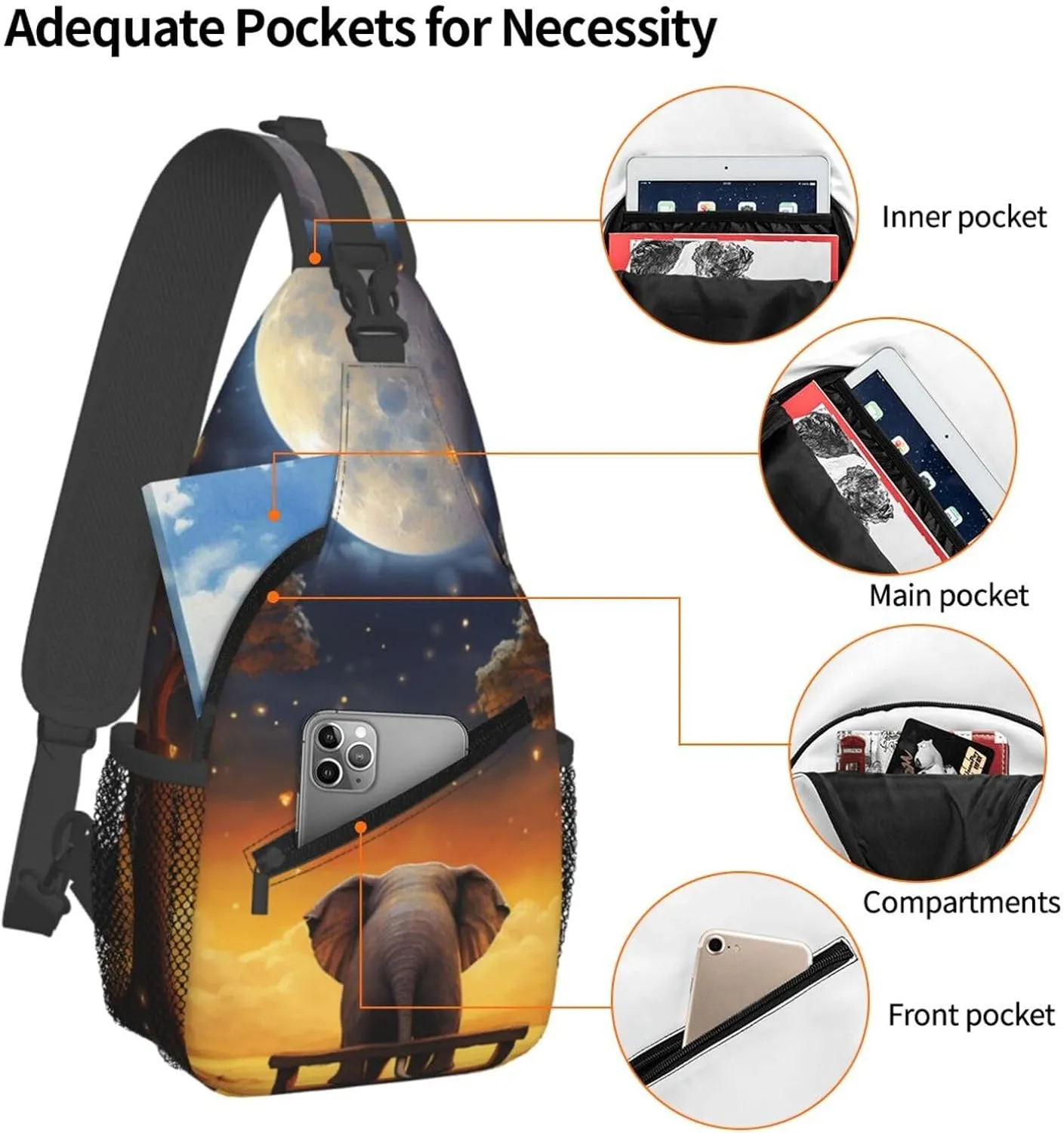 Sling Bag for Women Men Crossbody Bag Sling Backpack Animal Elephant Owl Tree Moon Star Cross Body Bag Adjustable Chest Bag