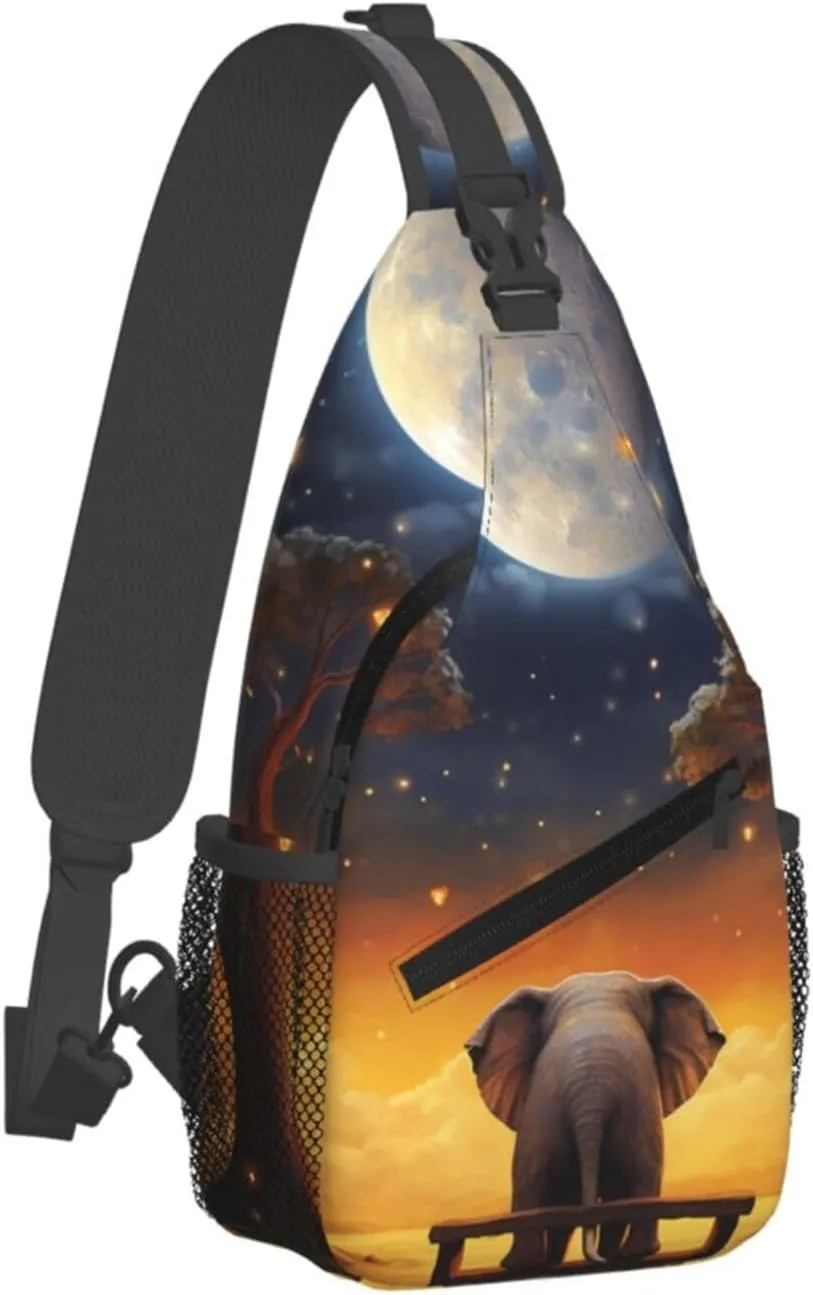Sling Bag for Women Men Crossbody Bag Sling Backpack Animal Elephant Owl Tree Moon Star Cross Body Bag Adjustable Chest Bag