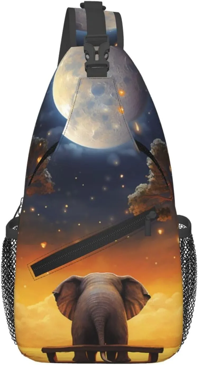 Sling Bag for Women Men Crossbody Bag Sling Backpack Animal Elephant Owl Tree Moon Star Cross Body Bag Adjustable Chest Bag