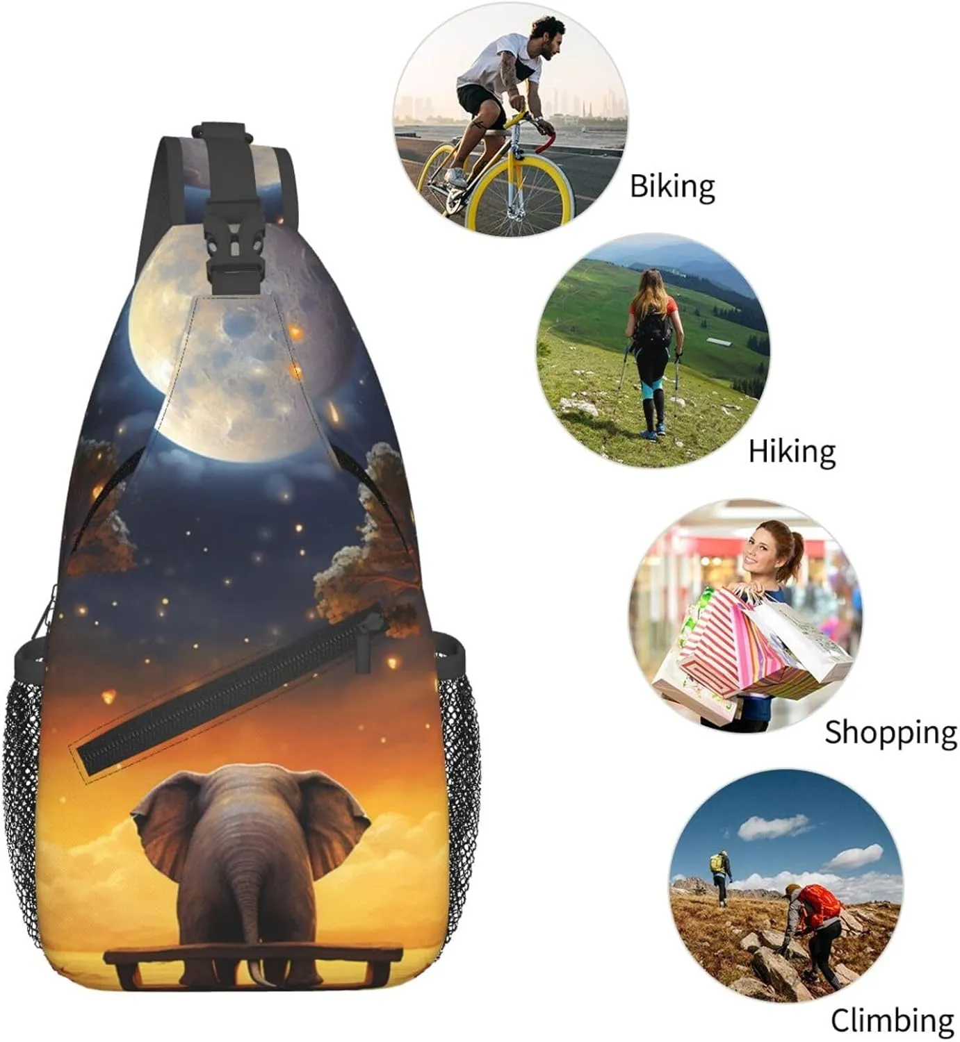 Sling Bag for Women Men Crossbody Bag Sling Backpack Animal Elephant Owl Tree Moon Star Cross Body Bag Adjustable Chest Bag