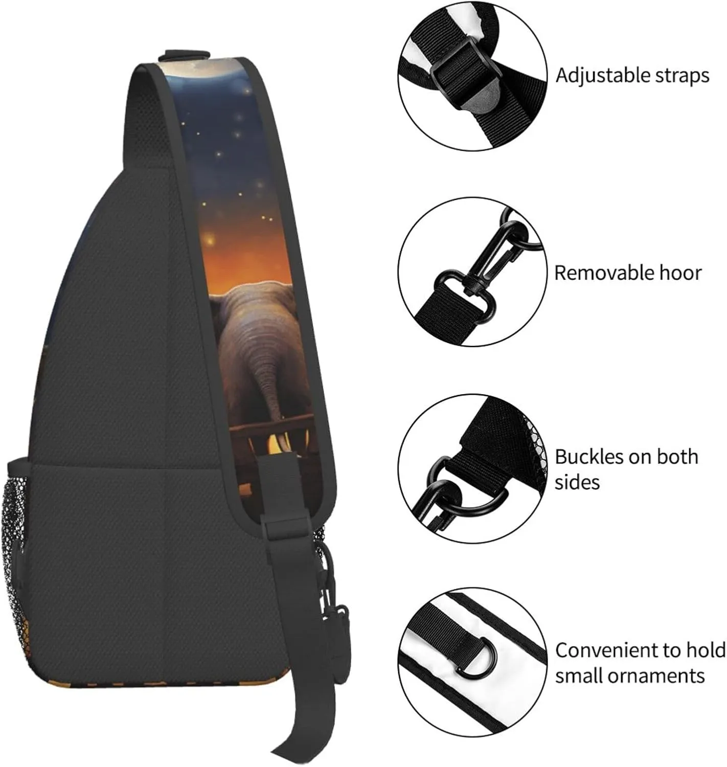 Sling Bag for Women Men Crossbody Bag Sling Backpack Animal Elephant Owl Tree Moon Star Cross Body Bag Adjustable Chest Bag