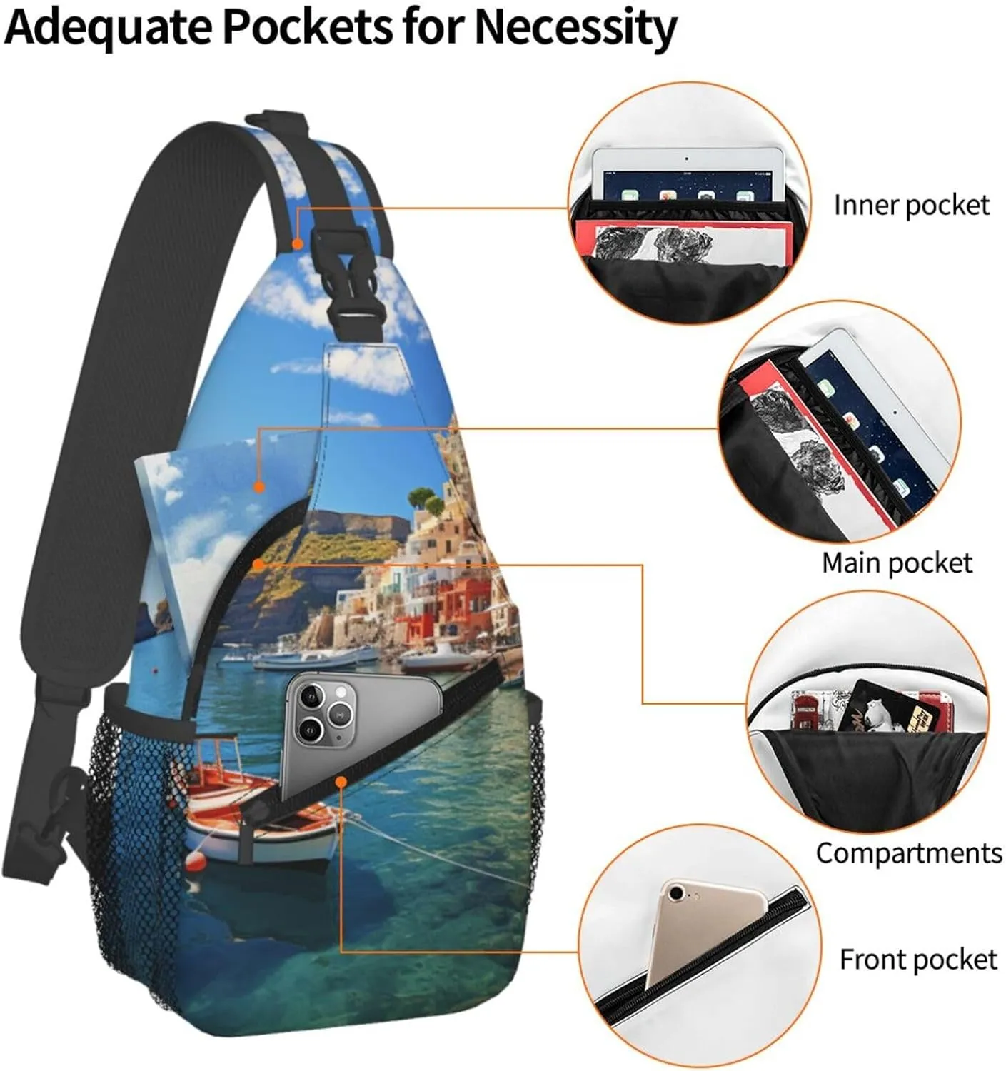 Sling Bag for Women Men Crossbody Bag Sling Backpack Seaside Town Cross Body Bag Adjustable Chest Bag