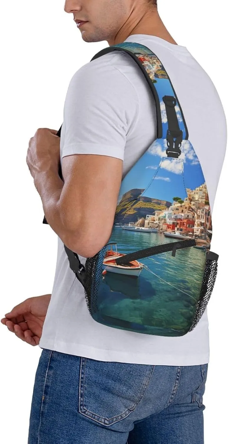 Sling Bag for Women Men Crossbody Bag Sling Backpack Seaside Town Cross Body Bag Adjustable Chest Bag