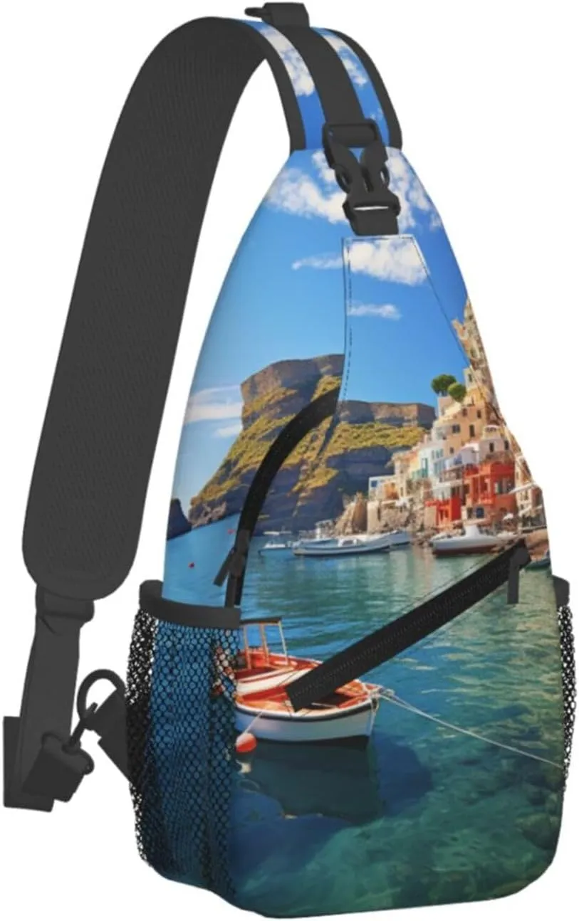 Sling Bag for Women Men Crossbody Bag Sling Backpack Seaside Town Cross Body Bag Adjustable Chest Bag