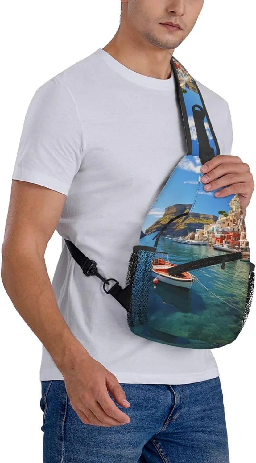 Sling Bag for Women Men Crossbody Bag Sling Backpack Seaside Town Cross Body Bag Adjustable Chest Bag